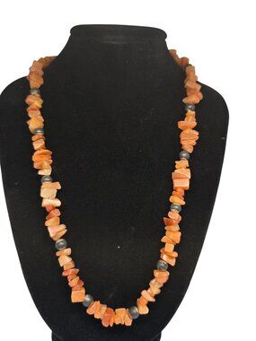 Vintage Orange Stone Chip Necklace Toggle Clasp Carnelian Style Beaded 60s 70s